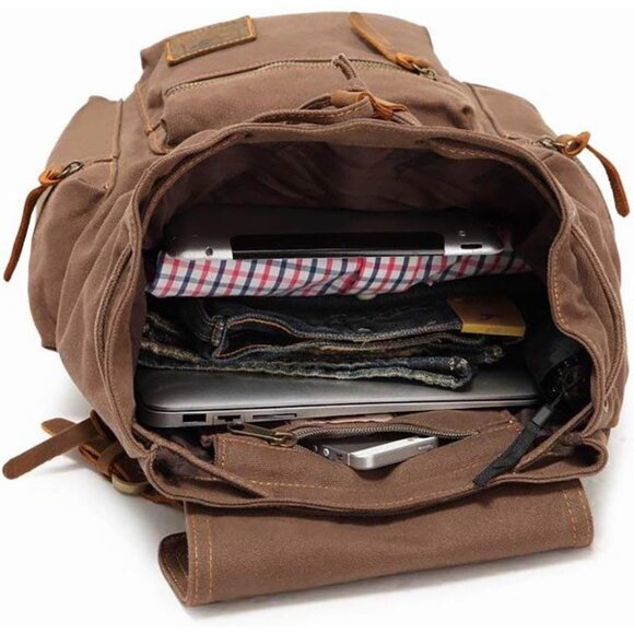 Unisex Coffee Casual Backpack 17-inch Laptop Backpack Genuine Leather Hiking Bag - Picture 5 of 8
